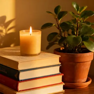 A candle on top of a stack of books, the books next to a pot