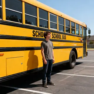 A person standing next to a yellow school bus, showing reali