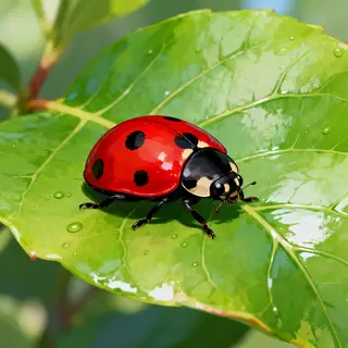 A ladybug sitting on a large green leaf, shown at realistic 