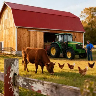 A farm scene with a barn, tractor, farmer, cow, chicken, and