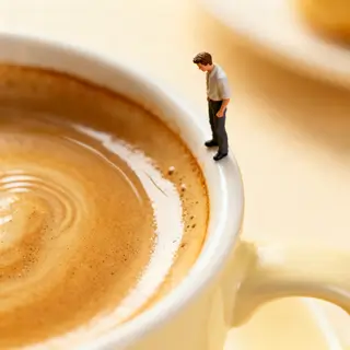 A tiny person standing on the rim of a coffee cup, looking d