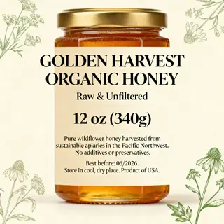 A product label for 'GOLDEN HARVEST ORGANIC HONEY' with subt