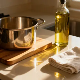 A kitchen counter with a stainless steel pot, a wooden cutti