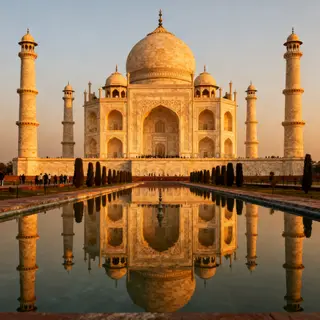 The Taj Mahal in Agra seen from the reflecting pool, with ac