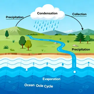 A detailed diagram of the water cycle showing evaporation fr