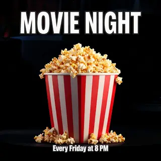 A movie night poster with a large popcorn image in the cente