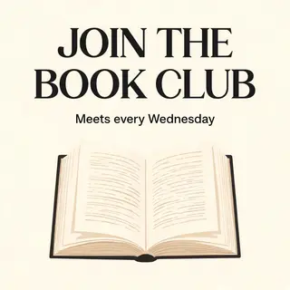 A book club poster with an open book illustration, the title