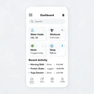 A mobile app UI mockup showing a dashboard with a top naviga