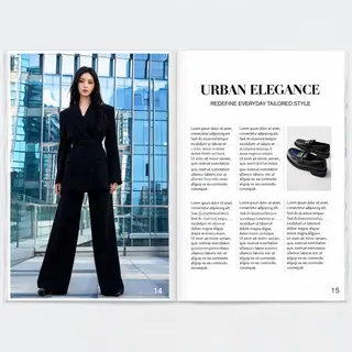 A fashion magazine spread with a full-bleed left-page photo,