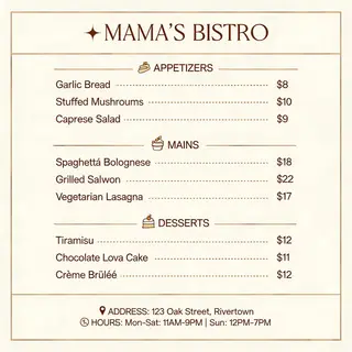 A restaurant menu layout with a logo header, three category 