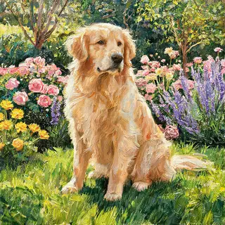 A golden retriever sitting in a garden, painted in the style