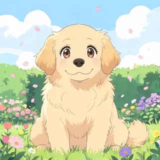 A golden retriever sitting in a garden, rendered in Japanese