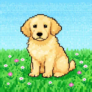 A golden retriever sitting in a garden, rendered in pixel ar