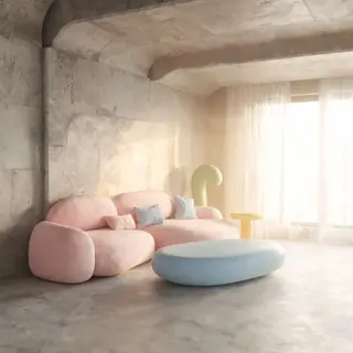 An interior scene rendered in soft brutalism — raw concrete 