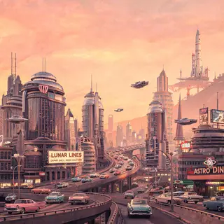 A cityscape rendered in nostalgic futurism — retro-futuristi
