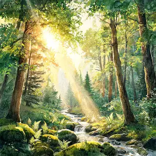 A forest rendered in photorealistic watercolor — the detail 