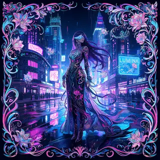 A woman in a futuristic city rendered in cyberpunk Art Nouve