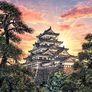 A medieval castle depicted in Japanese ukiyo-e woodblock pri