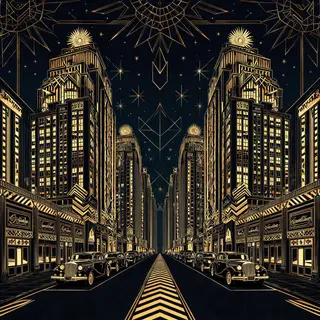 A city street scene in the style of Art Deco — geometric sha
