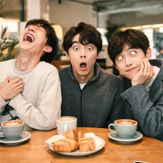 A group of three friends at a table: one laughing with head 