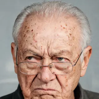 An elderly man in his 70s with age spots and thinning gray h