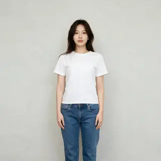 A woman standing upright in a relaxed pose, arms at her side