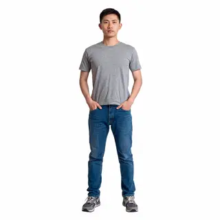 A man standing straight facing the camera, hands in pockets,