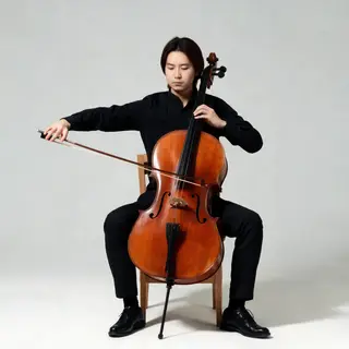 A cellist seated with correct posture, legs around the instr