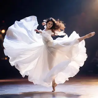 A dancer in a dynamic spin, dress flowing outward with one l
