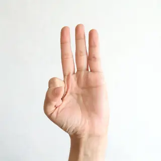 A person counting to three on their fingers, with index, mid