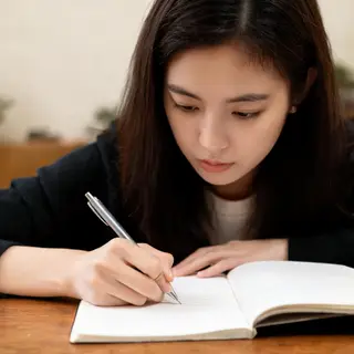 A woman writing in a notebook with a pen gripped correctly i