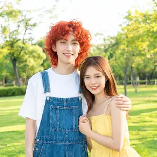 Two friends posing: one tall with curly red hair in denim ov