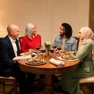 Four people at a dinner table: a bald man in a suit, a woman