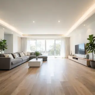 A wide-angle shot of a modern living room interior showing e