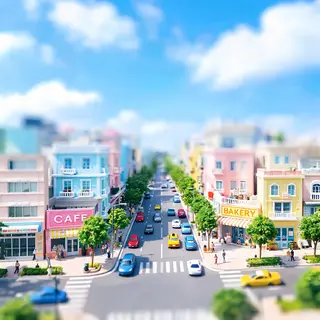 A tilt-shift photograph of a city street making real-life lo