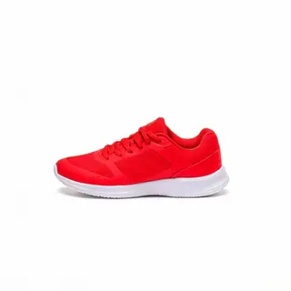 A single red sneaker on a clean white background with soft s