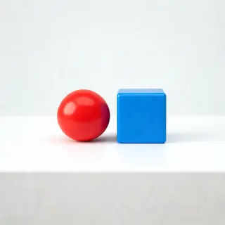 A red ball and a blue cube sitting side by side on a white s