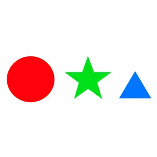 A large red circle, a small blue triangle, and a medium gree