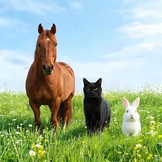 A big brown horse, a small white rabbit, and a medium-sized 