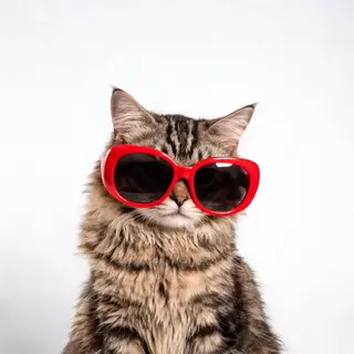 A tabby cat wearing oversized red sunglasses