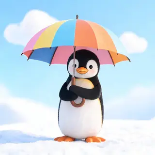 A penguin holding a colorful umbrella