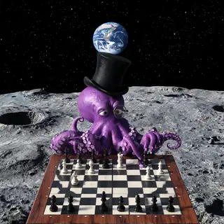 An octopus wearing a top hat and monocle playing chess on th