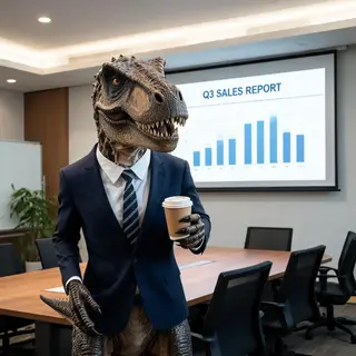 A dinosaur in a business suit giving a PowerPoint presentati