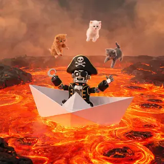 A robot dressed as a pirate sailing a paper boat on a lake o