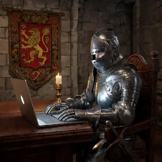 A medieval knight in full armor sitting at a desk typing on 