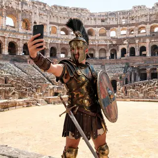 A Roman gladiator taking a selfie with a smartphone in the C