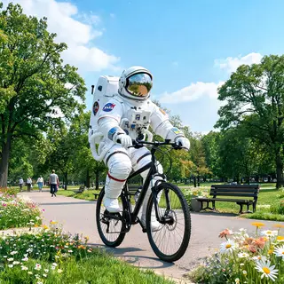 An astronaut in a spacesuit riding a bicycle through a park