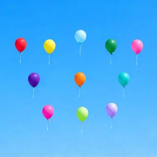 Exactly 11 colorful balloons floating against a clear blue s