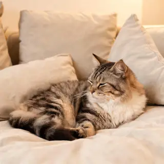 A cat lying on a couch without a collar