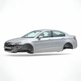 A car body with windows, doors, and headlights but no wheels